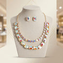 Aurbo Emerald Cut Crystal 2 Row Necklace Set