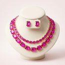 Fuchsia Emerald Cut Crystal 2 Row Necklace Set