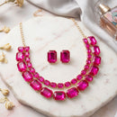 Fuchsia Emerald Cut Crystal 2 Row Necklace Set