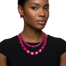 Fuchsia Emerald Cut Crystal 2 Row Necklace Set