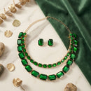 Green Emerald Cut Crystal 2 Row Necklace Set