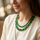 Green Emerald Cut Crystal 2 Row Necklace Set