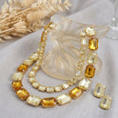 Yellow Emerald Cut Crystal 2 Row Necklace Set