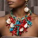 Red Coral and Starfish Bib Seaside Gold Necklace