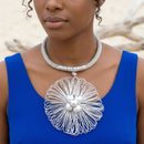 Silver Mesh Large Flower Wire Pendant Necklace