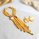 Marbled Mustard and Stone Bead Tassel Y Necklace