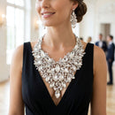 Silver Glass Crystal Floral Large Bib Necklace Set