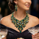 Green Glass Crystal Floral Large Bib Necklace Set