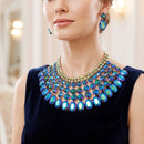 Blue Oval Glass Crystal 6 Row Formal Necklace Set