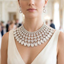 Silver Oval Glass Crystal 6 Row Formal Necklace