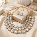 Gold Glass Halo Crystal 3 Row Collar Necklace
