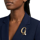 Gold Cursive G Initial Letter Pearl Brooch Pin