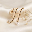 Gold Cursive H Initial Letter Pearl Brooch Pin