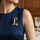 Gold Cursive L Initial Letter Pearl Brooch Pin