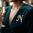 Gold Cursive N Initial Letter Pearl Brooch Pin