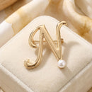 Gold Cursive N Initial Letter Pearl Brooch Pin