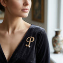 Gold Cursive P Initial Letter Pearl Brooch Pin