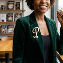 Gold Cursive P Initial Letter Pearl Brooch Pin
