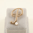 Gold Cursive P Initial Letter Pearl Brooch Pin