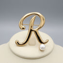 Gold Cursive R Initial Letter Pearl Brooch Pin