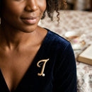 Gold Cursive T Initial Letter Pearl Brooch Pin