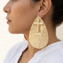 Gold Textured Teardrop Cross XL Stud Earrings