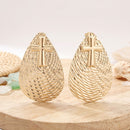 Gold Textured Teardrop Cross XL Stud Earrings