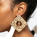 Gold Hammered Diamond Cross Large Stud Earrings