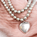 Beaded Silver Heart Pendant Double Necklace Set