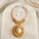 Gold Mesh Necklace with Spiral Sunburst Pendant
