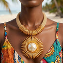 Gold Mesh Necklace with Spiral Sunburst Pendant