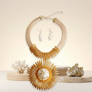 Gold Mesh Necklace with Spiral Sunburst Pendant