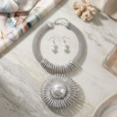 Silver Mesh Necklace with Spiral Sunburst Pendant