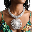 Silver Mesh Necklace with Spiral Sunburst Pendant