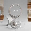 Silver Mesh Necklace with Spiral Sunburst Pendant