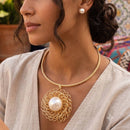 Gold Filigree Pearl Pendant Collar Necklace Set