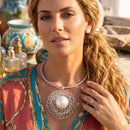 Silver Filigree Pearl Pendant Collar Necklace Set