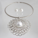 Silver Filigree Pearl Pendant Collar Necklace Set