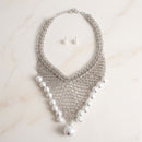 Silver Mesh Pearl Bib Necklace with Chain Fringe