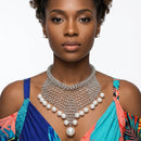 Silver Mesh Pearl Bib Necklace with Chain Fringe