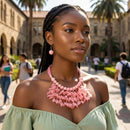 Pink Cascading Leaves Beaded Cord Necklace