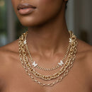 Gold Mixed Chain Stone Butterfly 3 Layer Necklace