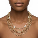 Gold Mixed Chain Stone Butterfly 3 Layer Necklace