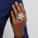 Cocktail Ring Silver Teardrop Crystal Flower Design