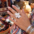 Chunky Silver Textured Geometric Cross Ring