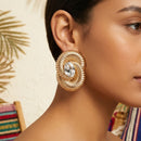 Gold Ribbed Swirl Crystal Stud Earrings